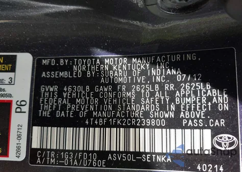 2012 Toyota Camry Le из США, поврежденный, VIN 4T4BF1FK2CR239800